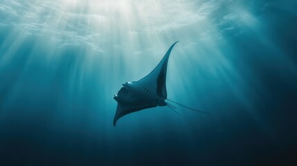 sea with a blue manta ray jumping under water