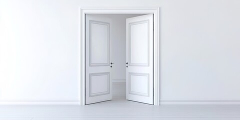 An open white double door, with a white door frame and walls featuring decorative molding, creating a simple and elegant indoor atmosphere