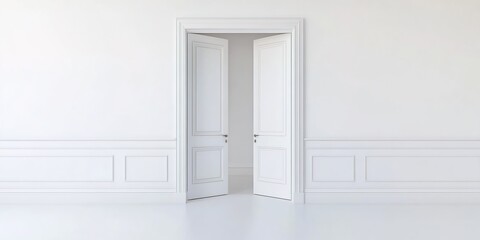 An open white double door, with a white door frame and walls featuring decorative molding, creating a simple and elegant indoor atmosphere