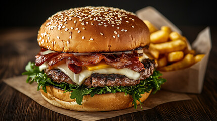 Close-Up of a Delicious Burger with Fries on a Wooden Table with Space for Text