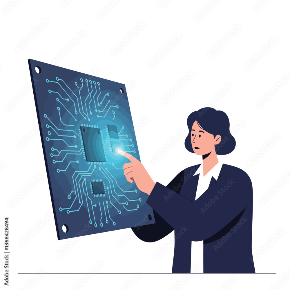 Poster a woman interacting with a digital circuit board design in a minimal flat style showcasing technolog