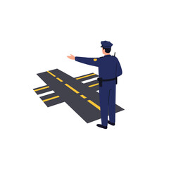 Police officer directing traffic on a city street in a flat and minimal design vector art - obrazy, fototapety, plakaty