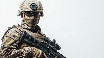Fototapeta premium Soldier in tactical gear holding rifle at rest military training ground portrait photography neutral background serious concept
