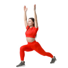 Woman in sportswear exercising on white background