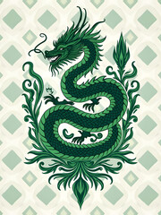 Obraz premium Majestic Black and Gold Thai Naga in Ancient Art Style on Checkered White Background