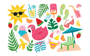 Retro 90s Summer Beach Sticker Pack – Funky Groovy Vacation Vibes. Bright Summer Party, Sun, Swimwear, Shore and Beach Season Elements. Patches, Labels and Stamps Collection.