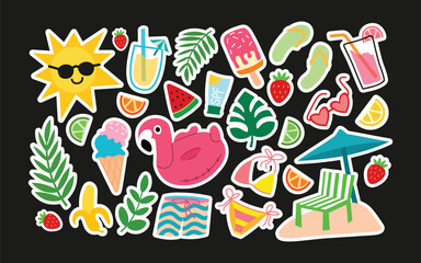 WebRetro 90s Summer Beach Sticker Pack – Funky Groovy Vacation Vibes. Bright Summer Party, Sun, Swimwear, Shore and Beach Season Elements. Patches, Labels and Stamps Collection.