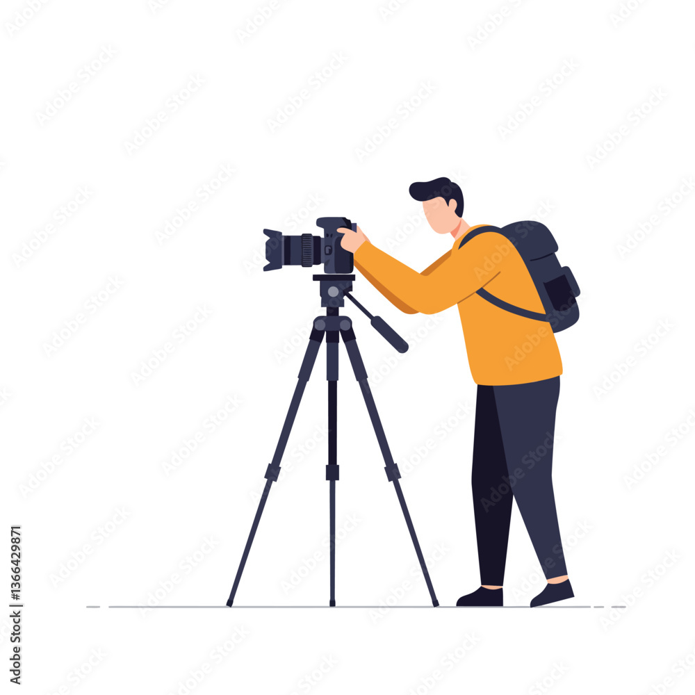 Poster a photographer adjusting camera settings on a tripod while wearing a backpack in a flat and minimal 