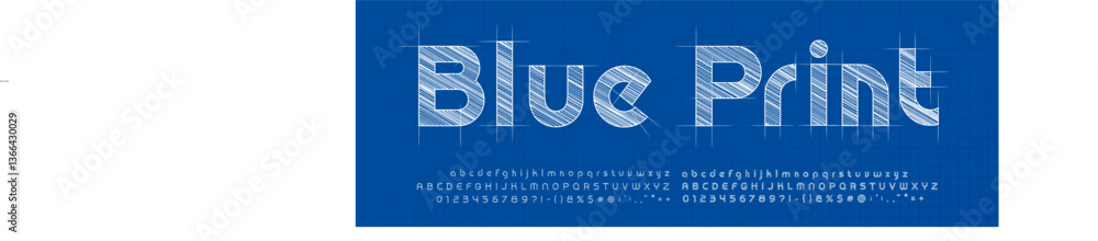 Fototapete Digital blueprint font with hatching on project sketch grid. Technical industrial typography for engineering, architecture, construction projects. Vector typeset