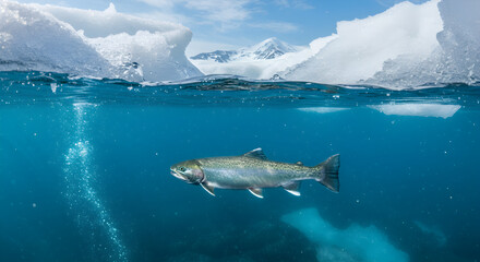 Arctic char swimming gracefully under translucent ice in frigid clear waters