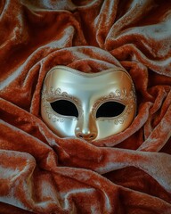 Luxurious gold venetian mask on velvet with elegant drapery and mysterious ambiance