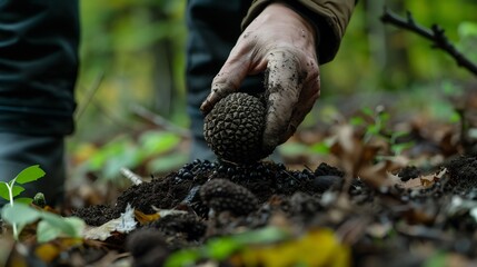 Conservation of Truffle Producing Fungi Hidden Gems of Old Growth Forests Illustrate scientist carefully unearthing rare Black Truffle Tuber melanosporum deep forest soil value gastronomy contrasting