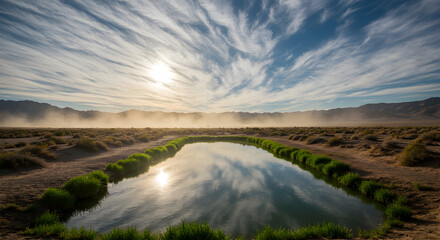 Fototapeta premium Serene Desert Oasis Reflecting Sunlight and Cirrus Clouds, with Distant Mountains