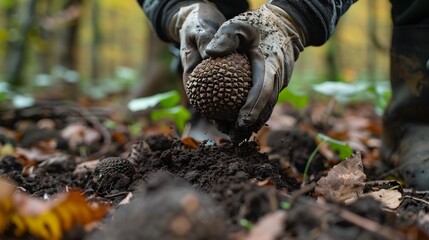 Conservation of Truffle Producing Fungi Hidden Gems of Old Growth Forests Illustrate scientist carefully unearthing rare Black Truffle Tuber melanosporum deep forest soil value gastronomy contrasting