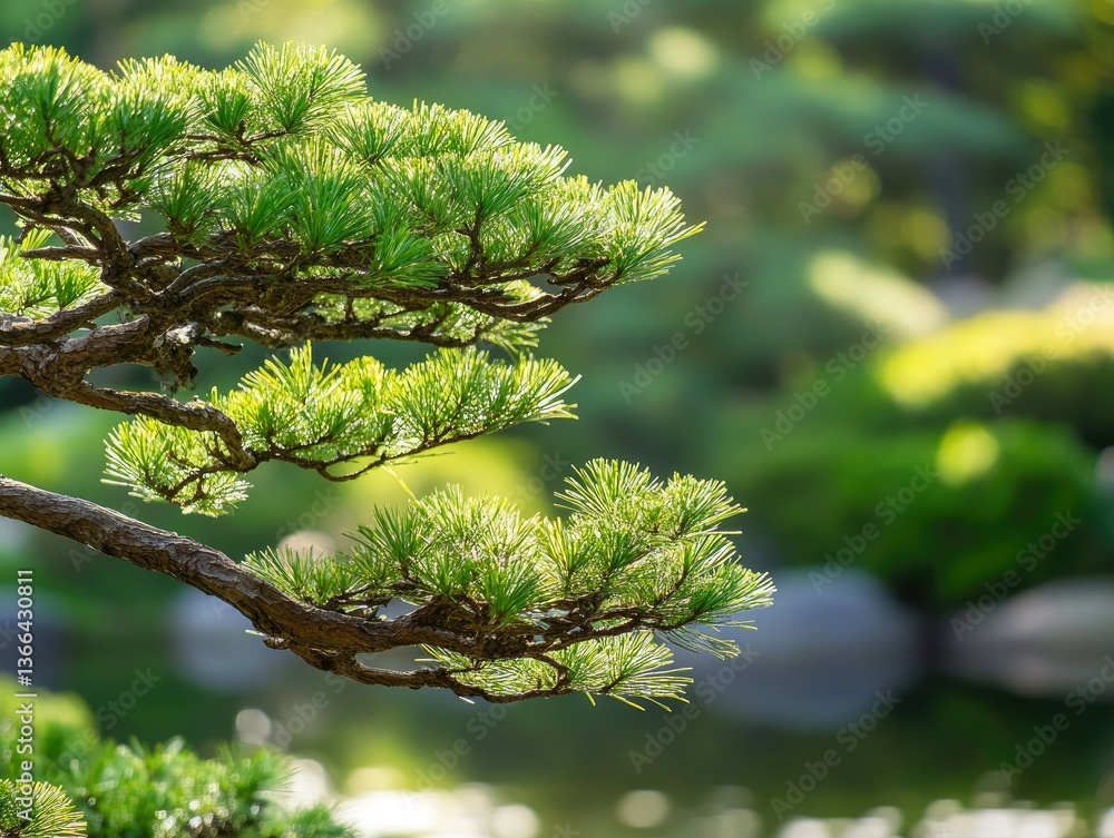 Poster serene view of a lush green pine tree branch extending over a tranquil lake. with soft sunlight filt