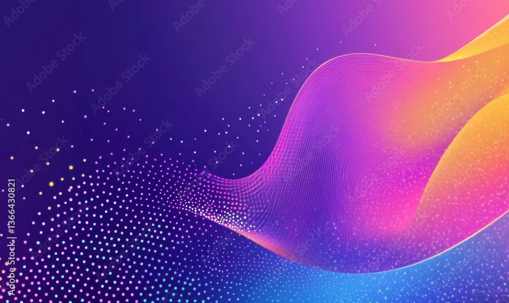 Poster abstract digital wave pattern with vibrant purple and yellow hues. showcasing flowing lines and part
