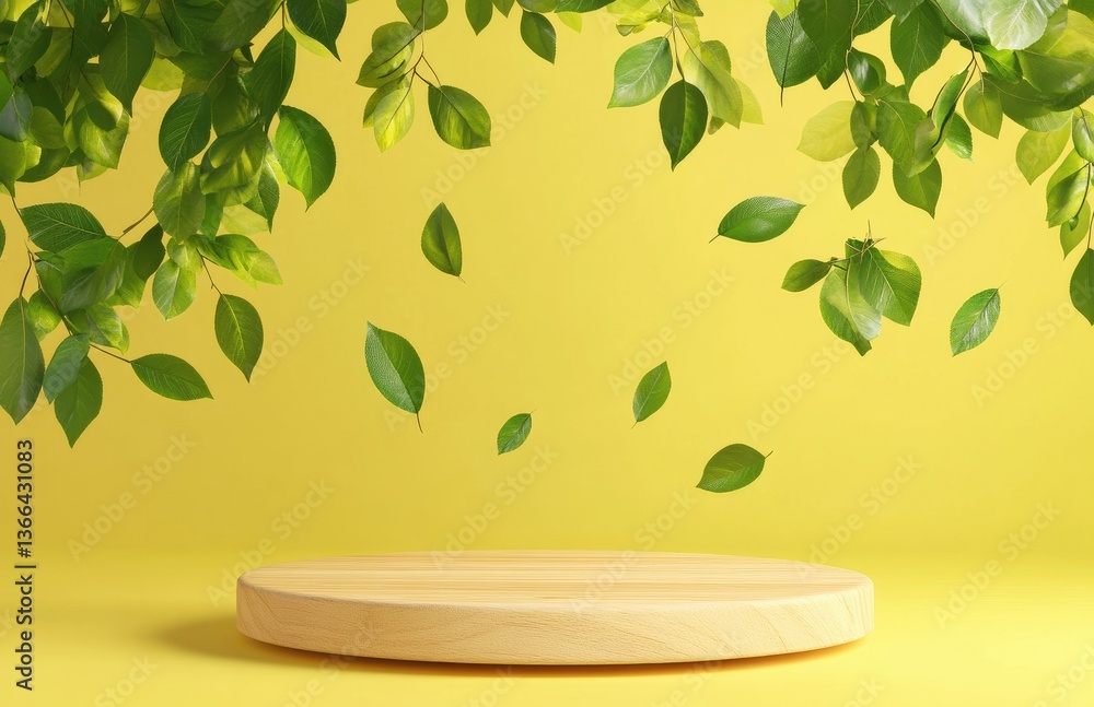 Poster a vibrant yellow backdrop featuring a wooden circular platform surrounded by floating green leaves. 