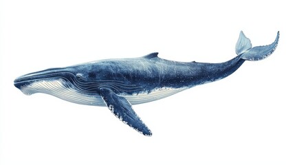 Fototapeta premium Majestic blue whale swimming gracefully on white background - oceanic illustration