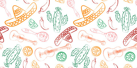 Colorful hand-drawn Mexican seamless pattern. Cinco de Mayo festive background with sombrero, maracas, cactus, chili pepper, guitar, and lime in sketch style
