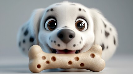3d cartoon, black and white dog, and there is a bone too, on a clean white background, studio photo style