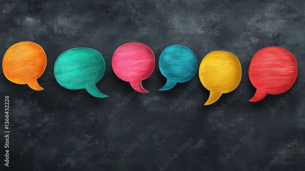 Wall mural a vibrant array of colorful speech bubbles arranged horizontally against a textured dark background.