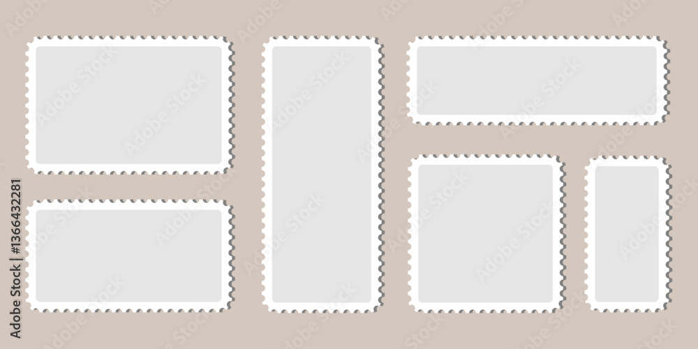 Poster set of empty rectangle square postage stamp. post stamps template. simple paper perforated frames. e