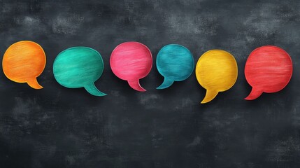 A vibrant array of colorful speech bubbles arranged horizontally against a textured dark background. ideal for communication-themed designs or social media graphics