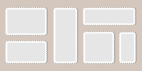 Set of empty rectangle square postage stamp. Post stamps template. Simple paper perforated frames. Empty white retro postal label isolated. Perfect for scrapbooking, letter design, vintage project