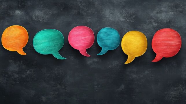 A vibrant array of colorful speech bubbles arranged horizontally against a textured dark background. ideal for communication-themed designs or social media graphics