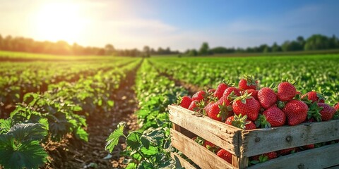 A strawberry field with a wooden crate filled with fresh red strawberries, surrounded by green strawberry plants, a blurred background of fields and distant trees