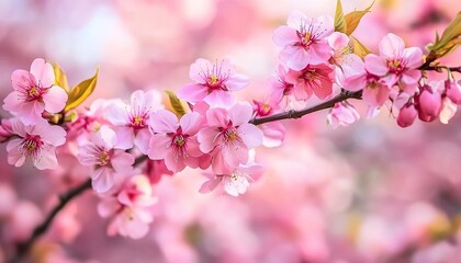 Naklejka premium close-up pink cherry blossoms, soft lighting, shallow depth of field, delicate petals, pastel colors, bokeh background