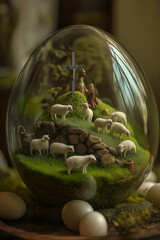 An egg made of transparent glass. inside the egg, there is a tiny hill with green grass. a flock of lambs is grazing with their shepherd. on the top of the hill, a shiny cross is standing. the egg is 