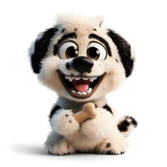 Obraz premium 3d cartoon, black and white dog, and there is a bone too, on a clean white background, studio photo style