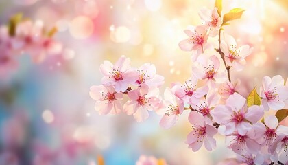 A blooming cherry blossom branch with pink petals and green leaves, a blurred background of a pink flower sea, sunlight casting a warm glow