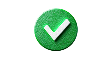 Round green button with white checkmark, textured surface, cut out transparent