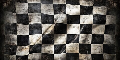 A black and white checkered racing flag with a wavy fabric effect, showing wear and stains, a dark blurred textured background