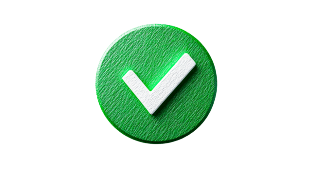 Round green button with white checkmark, textured surface, cut out transparent