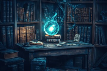 A glowing crystal ball placed on an aged wooden desk surrounded by old books, a vintage candle holder, and a quill pen.