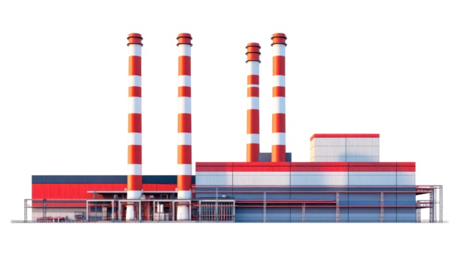 Three smokestacks of an industrial power plant on clear bg