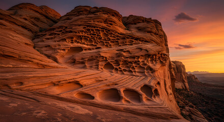 Sunset paints a sandstone bluff with captivating honeycomb weathering patterns