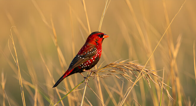 Diamond Firetail Finch perched on dry grass in golden light grassland habitat