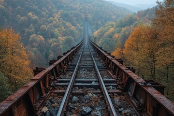 Rusty train tracks stretch to a distant vanishing point within autumn trees. Evokes journeys, past industry, and a sense of exploration or isolation.
