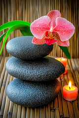 Czarne kamienie do masażu i różowa świeca w Spa