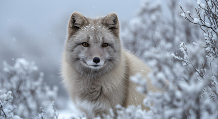 Fototapeta premium Captivating arctic fox portrait amidst snow covered shrubbery during winter days