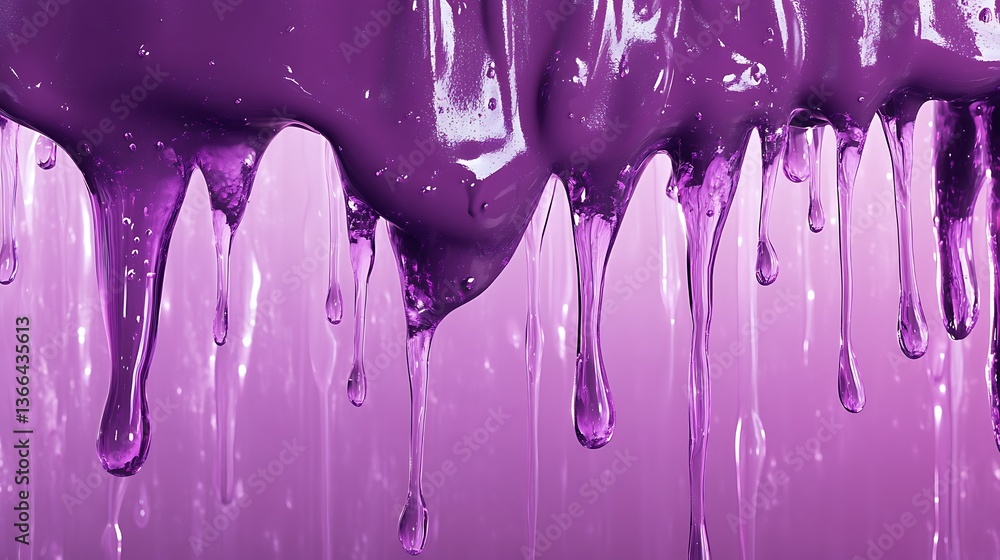Poster glossy purple liquid drips abstract background, creating a striking visual texture with flowing, vib