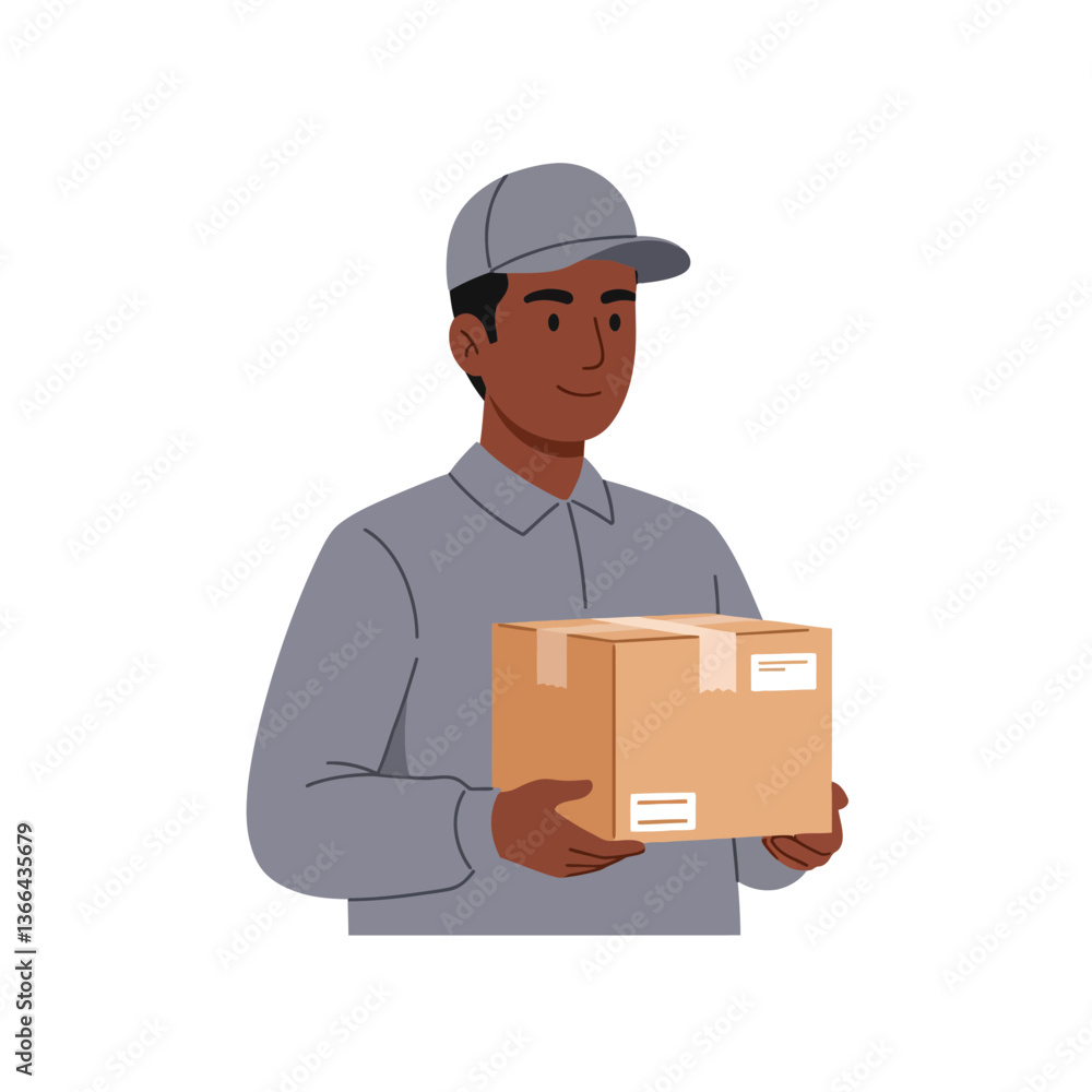 Poster delivery person in grey uniform smiling while holding a cardboard box in a minimal and friendly styl
