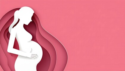 beautiful smile pregnant mom, papercut illustration, isolated on a pink background, flat vector illustration, copy space for text