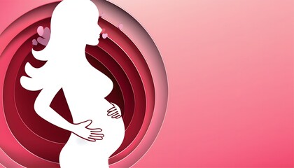 beautiful smile pregnant mom, papercut illustration, isolated on a pink background, flat vector illustration, copy space for text