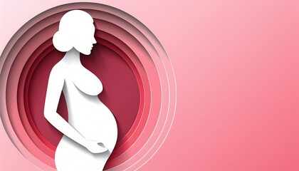 beautiful smile pregnant mom, papercut illustration, isolated on a pink background, flat vector illustration, copy space for text