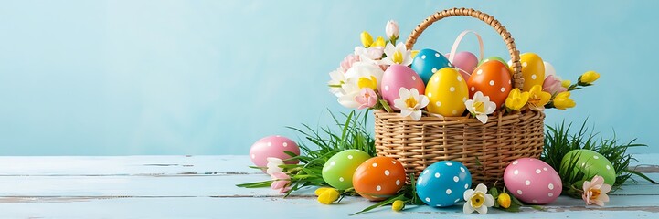 Beautiful Easter Basket Filled with Colorful Polka-Dot Eggs and Fresh Spring Flowers on a Rustic Wooden Table Against a Soft Pastel Blue Background for a Joyful Holiday Celebration. Easter Holiday art